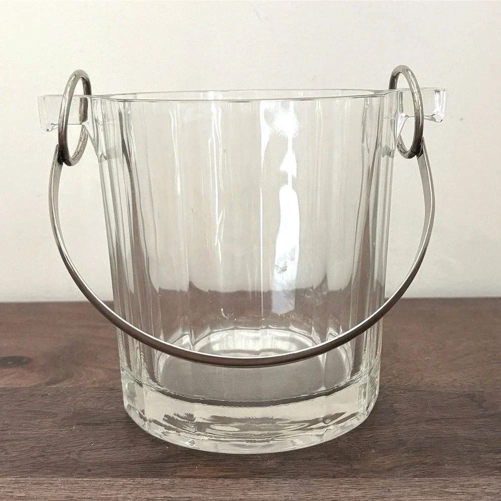 Vintage Clear Paneled Glass Ice‎ Bucket with Silver Tone Metal Swing Handle